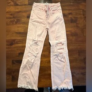 risen high rise straight leg jeans w/destroyed knees pink
